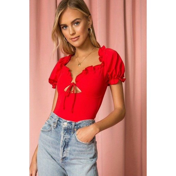 superdown Tops - superdown Alexia Tie Front Bodysuit Red Ruffle XXS